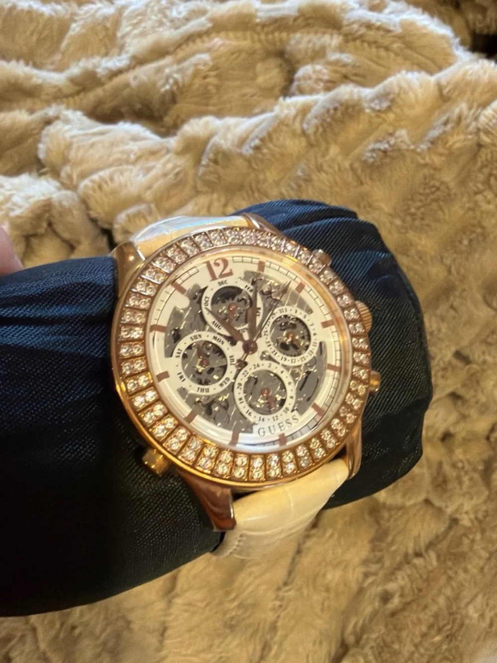 GUESS Rose Gold Watch with White Strap and Crystal Bezel